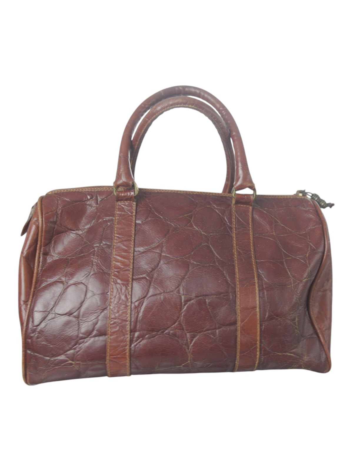 Vintage Furla Croc Embossed Leather Boston Bag Brown Made Italy Distressed